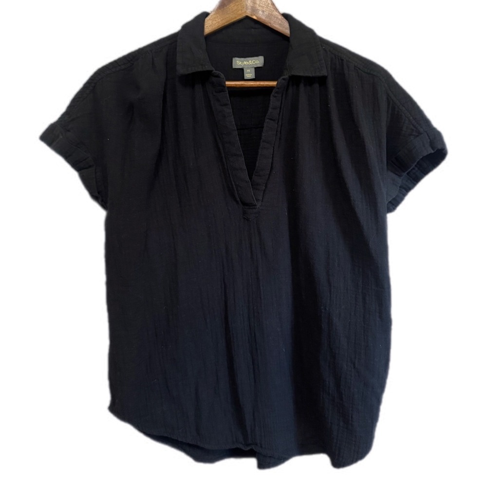 Style&Co Cotton Gauze Top Womens XS Black Excellent Split Neck Short Sleeve